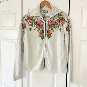 Tiara International Floral Embroidered Zip Sweater Cream Roses Medium 2000s